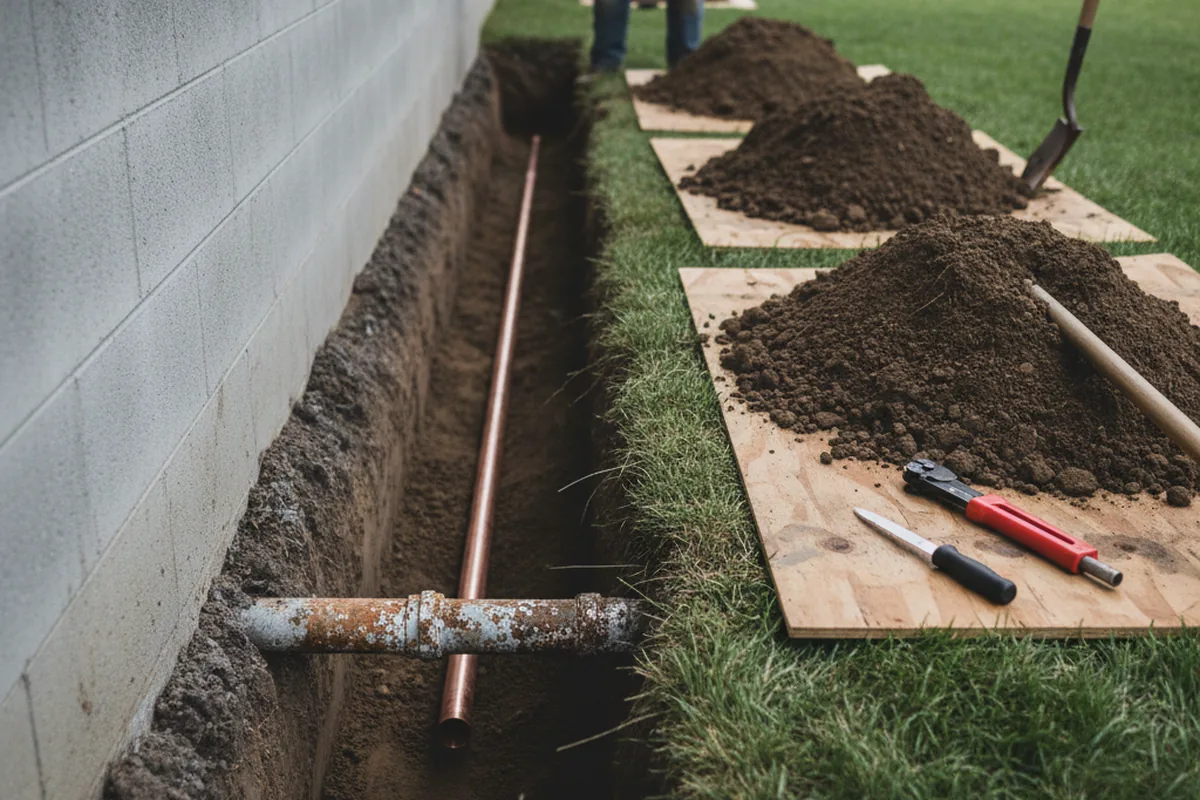 Excavated water line trench during Sewer Line Repair in Spring Mills